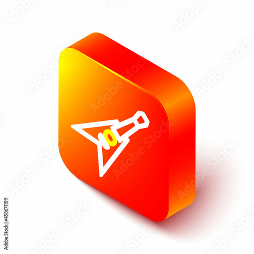 Isometric line Electric bass guitar icon isolated on white background. Orange square button. Vector