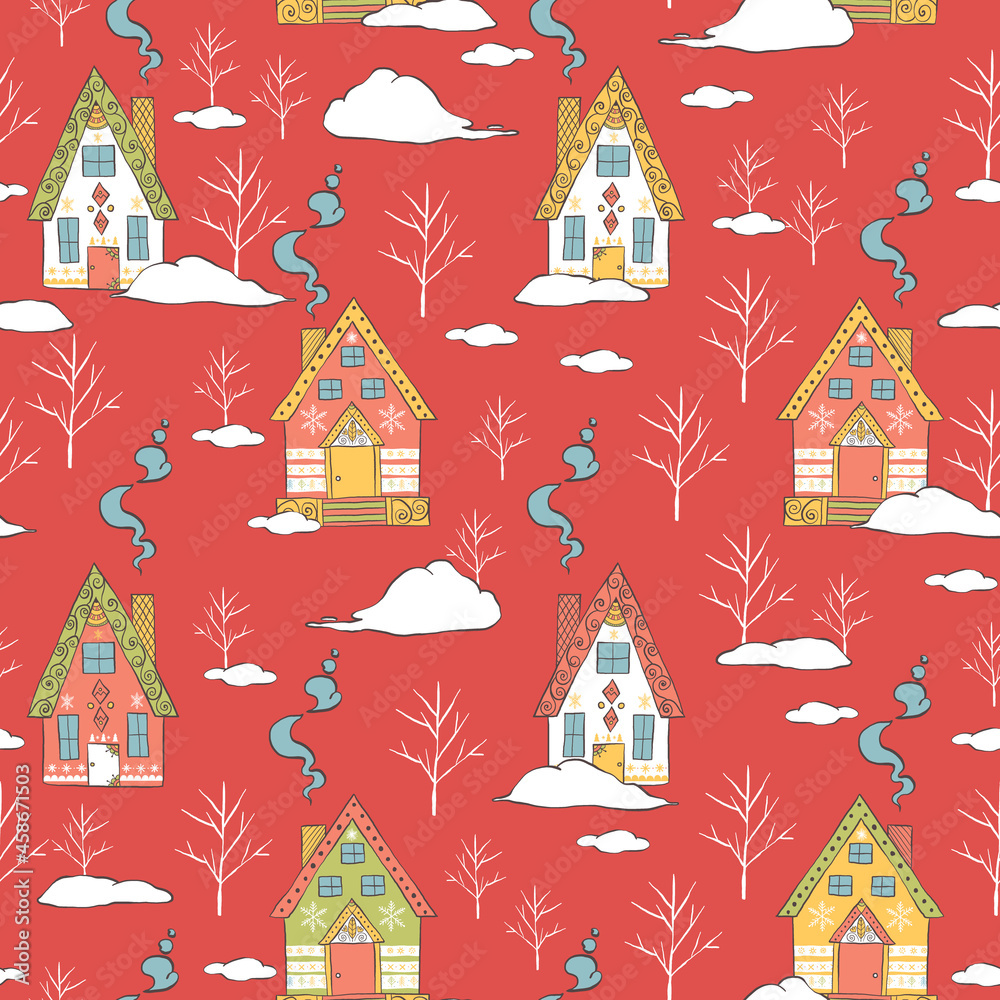 Seamless winter hand drawn pattern with trees, houses, chimney smoke and snow piles. Landscape background for wallpaper, printing on fabric, cards. Seamless winter hand drawn pattern with trees, houses, chimney smoke and snow piles. Landscape background for wallpaper, printing on fabric, cards.