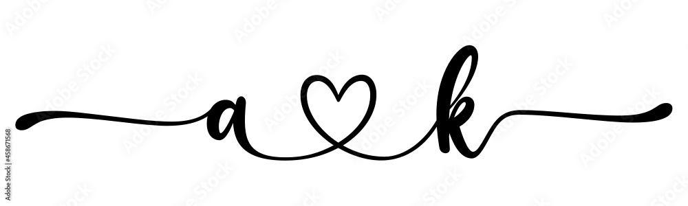 ak, ka, letters with heart Monogram, monogram wedding logo. Love icon, couples Initials, lower case, connecting HEART, home decor,