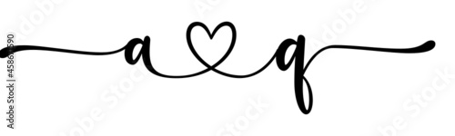 aq, qa, letters with heart Monogram, monogram wedding logo. Love icon, couples Initials, lower case, connecting HEART, home decor,