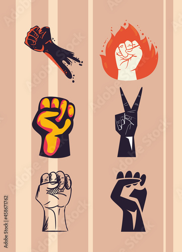 Protest fists hands icon set