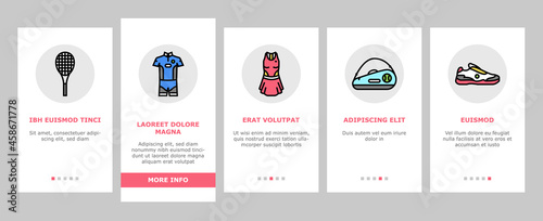 Tennis Sport Game Competition Onboarding Mobile App Page Screen Vector. Women And Men Tennis Apparel Clothes, Racquet And Ball Accessories, Court Playground And Net, Headband And Socks Illustrations
