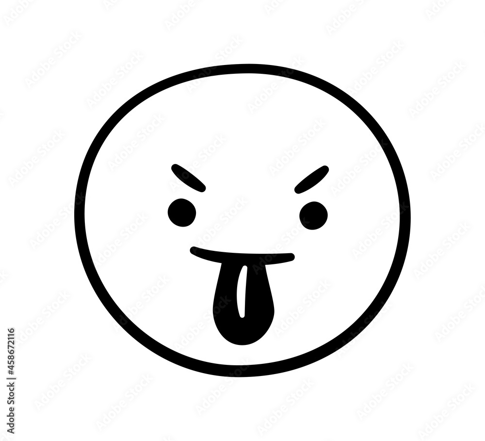 An angry face with a protruding tongue. Doodle emoji. Hand drawn illustration on white background.