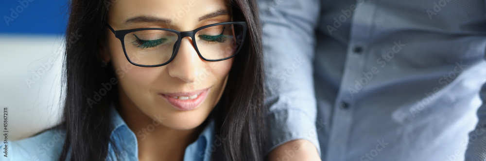 Young business woman will introduce business conversation with work colleague Young business woman will introduce business conversation with work colleague