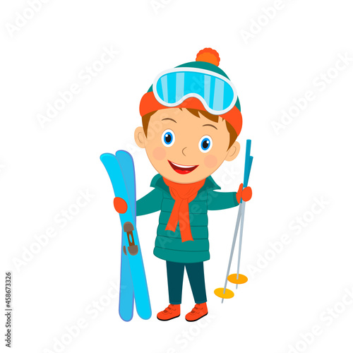 cute cartoon boy stand with skis