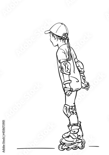 Sketch of girl learning to skate on rollers, Hand drawn vector linear illustration isolated on white background