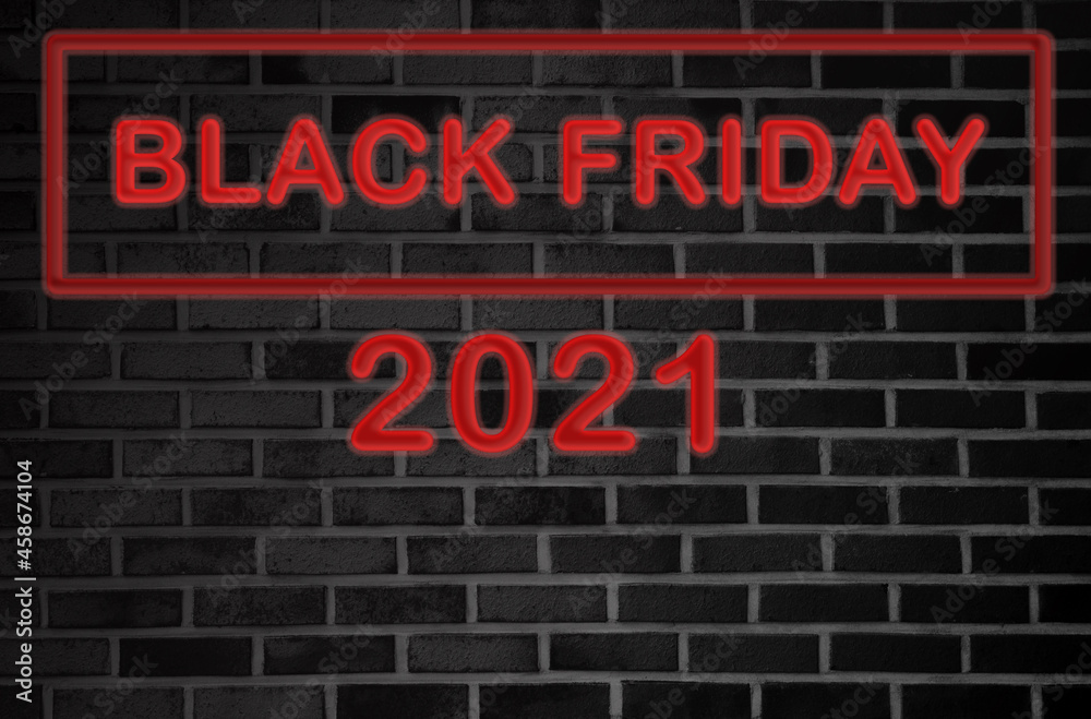 black friday red neon on black block wall. copy space