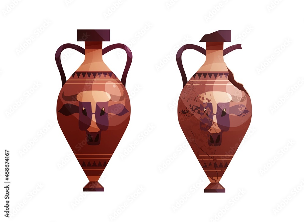 Broken ancient vases. Ceramic archaeological pot. Antique traditional clay jar for wine. Vector cartoon illustration.