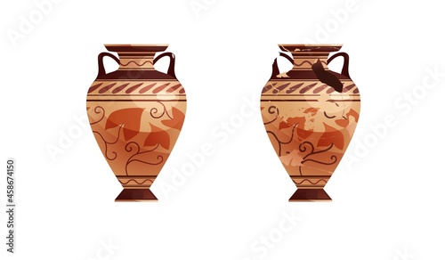 Broken ancient vases. Ceramic archaeological pot. Antique traditional clay jar for wine. Vector cartoon illustration.