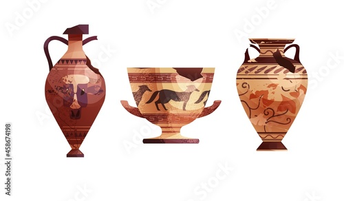 Broken ancient vases. Ceramic archaeological pot. Antique traditional clay jar for wine. Vector cartoon illustration.