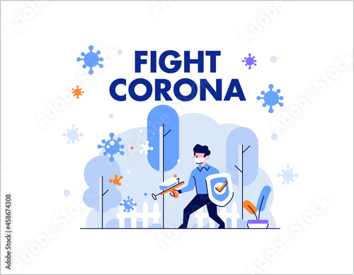 Healthcare medical man and woman protect and fight corona, covid 19 shielding, defending people character flat design gradient style Vector Illustration