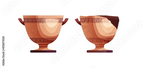 Broken ancient vases. Ceramic archaeological pot. Antique traditional clay jar for wine. Vector cartoon illustration.