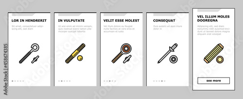 Screw And Bolt Building Accessory Onboarding Mobile App Page Screen Vector. Socket Head And Shoulder Screw, Press-fit And Hex Standoffs, Eyebolt With Peg And Rivet Engineer Equipment Illustrations