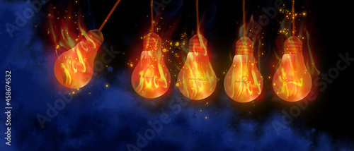 Lightbulbs with realistic burning fire flames with shiny bright elements - future and idea concept