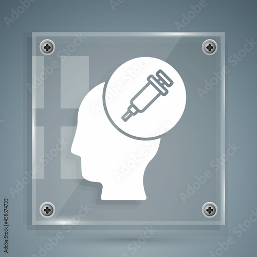 White Addiction to the drug icon isolated on grey background. Heroin, narcotic, addiction, illegal. Sick junkie with a syringe and medical pills. Square glass panels. Vector