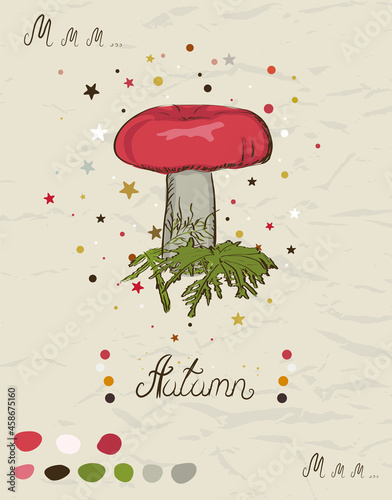 Vintage poster with mushroom from my autumn collection of posters and seamless textures. Vector illustration