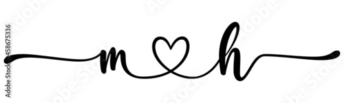 mh, hm, letters with heart Monogram, monogram wedding logo. Love icon, couples Initials, lower case, connecting HEART, home decor,