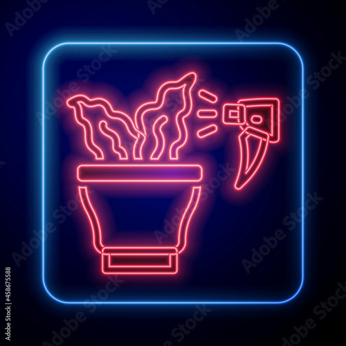 Glowing neon Spraying a house plant with a spray gun icon isolated on black background. Moistening of foliage. Care for home flowers. Vector