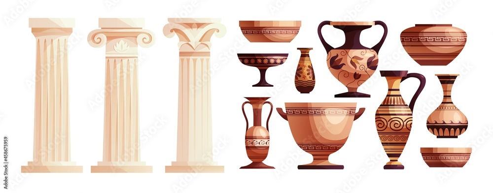 Ancient vases and Greek columns. Ancient Roman pillar. Ceramic archaeological pot. Antique traditional clay jar for wine. Vector cartoon illustration. - obrazy, fototapety, plakaty 