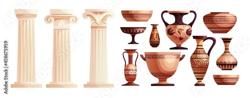 Ancient vases and Greek columns. Ancient Roman pillar. Ceramic archaeological pot. Antique traditional clay jar for wine. Vector cartoon illustration.