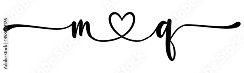 mq, qm, letters with heart Monogram, monogram wedding logo. Love icon, couples Initials, lower case, connecting HEART, home decor,