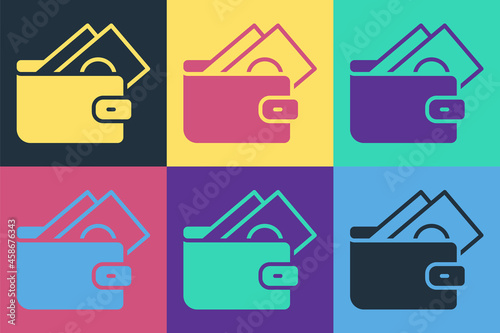 Pop art Wallet with stacks paper money cash icon isolated on color background. Purse icon. Cash savings symbol. Vector