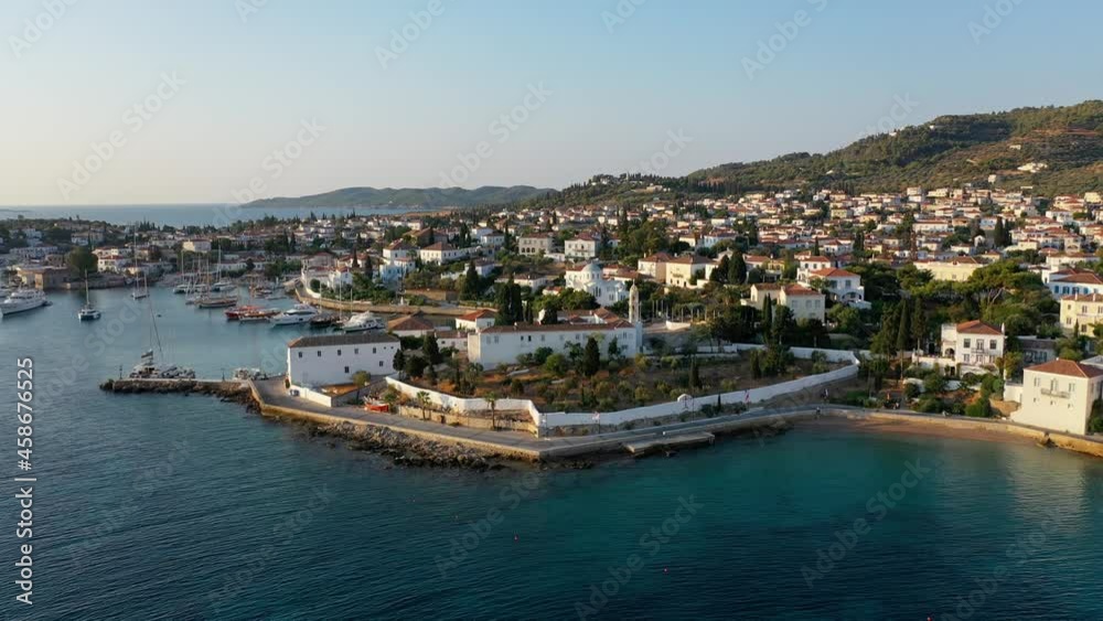 Aerial view of Spetses old town and marina or seaport, Greece - drone videography Aerial view of Spetses old town and marina or seaport, Greece - drone videography