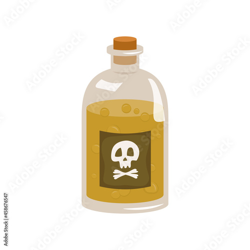 Glass bottle with yellow poison and bubbles. Skull and crossbones label.