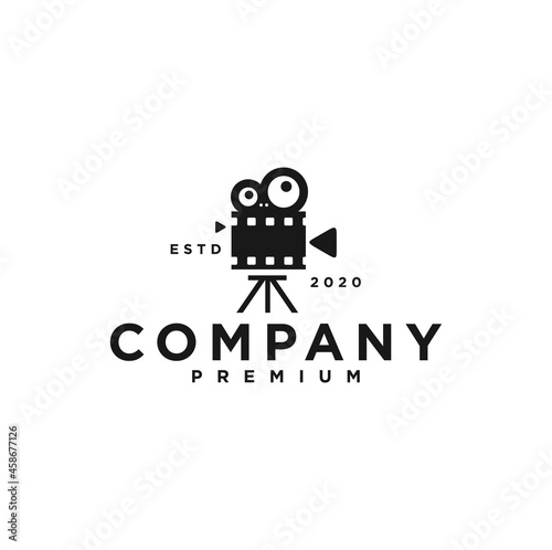 Film roll logo vector black cinema and movie illustration. Vintage Video Camera Logo design for Cinema production Entertainment 