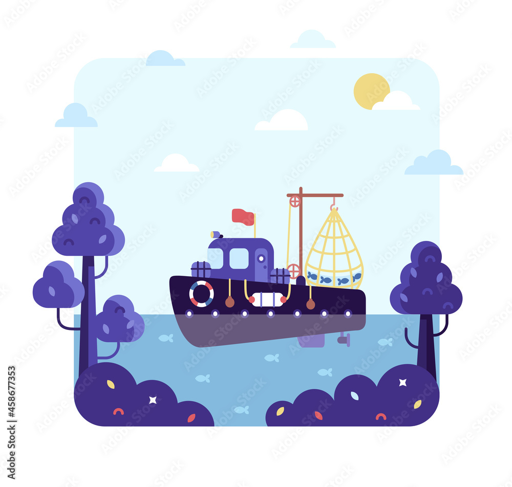 Fishing boat with a net full of fish is sailing to the shore. Commercial fishing, vector cartoon illustration in flat stile. Fishing boat with a net full of fish is sailing to the shore. Commercial fishing, vector cartoon illustration in flat stile.
