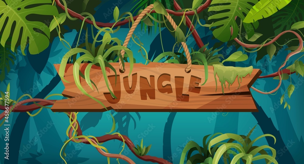 Jungle hand lettering wooden text. Textured cartoon letters. Liana or vine winding branches. Rainforest tropical climbing plants.