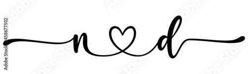 nd, dn, letters with heart Monogram, monogram wedding logo. Love icon, couples Initials, lower case, connecting HEART, home decor,
