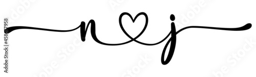 nj, jn, letters with heart Monogram, monogram wedding logo. Love icon, couples Initials, lower case, connecting HEART, home decor,