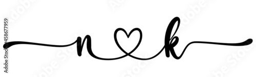 nk, kn, letters with heart Monogram, monogram wedding logo. Love icon, couples Initials, lower case, connecting HEART, home decor,