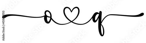 oq, qo, letters with heart Monogram, monogram wedding logo. Love icon, couples Initials, lower case, connecting HEART, home decor,