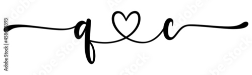 qc, cq, letters with heart Monogram, monogram wedding logo. Love icon, couples Initials, lower case, connecting HEART, home decor,
