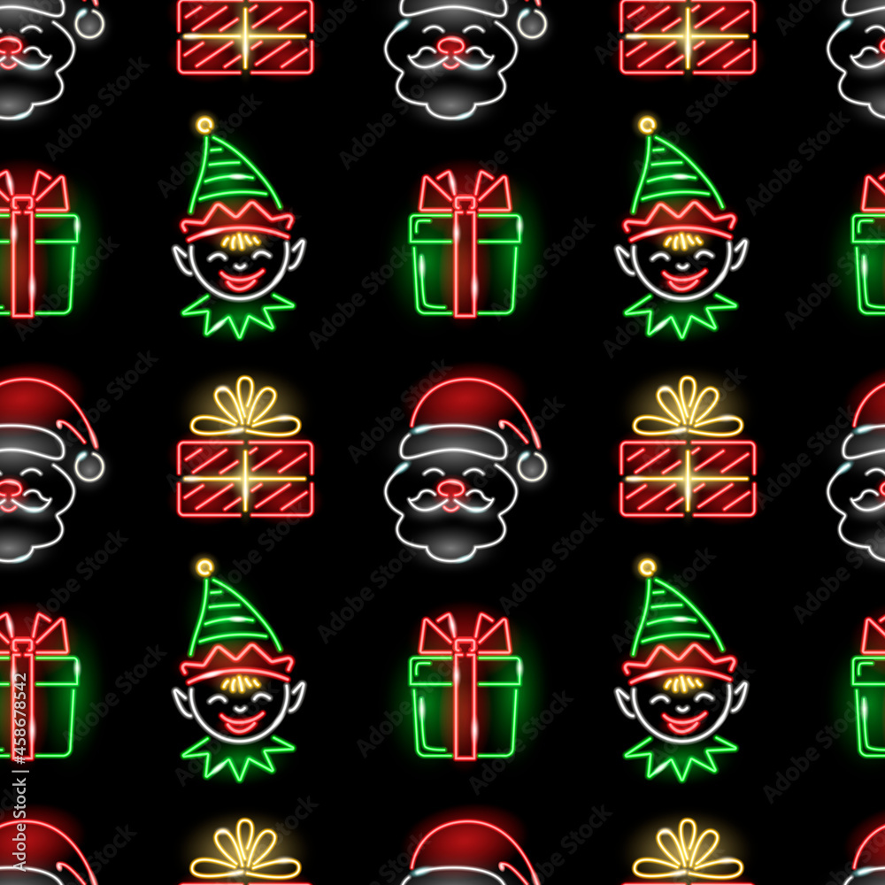Cristmas seamless pattern with neon Santa and elves faces and gift boxes on black background. Winter holidays, Boxing Day, X-mas, New Year concept for wallpaper, wrapping. Vector 10 EPS illustration.