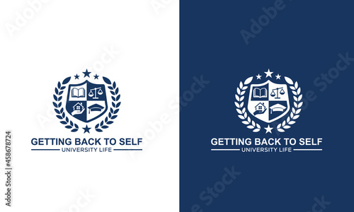 University and academy vector icons. Emblems or shields set for high school education graduates in maritime science, or law. Ribbons and badges of bachelor hat, laurel wreath, Vector Logo Template