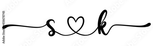 sk, ks, letters with heart Monogram, monogram wedding logo. Love icon, couples Initials, lower case, connecting HEART, home decor,