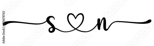 sn, ns, letters with heart Monogram, monogram wedding logo. Love icon, couples Initials, lower case, connecting HEART, home decor,