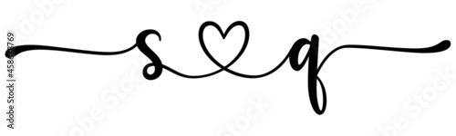 sq, qs, letters with heart Monogram, monogram wedding logo. Love icon, couples Initials, lower case, connecting HEART, home decor,