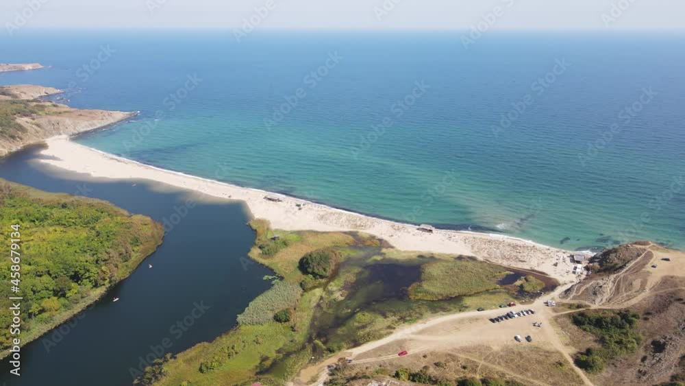 Aerial view of beach at the mouth of the Veleka River, Sinemorets village, Burgas Region, Bulgaria Aerial view of beach at the mouth of the Veleka River, Sinemorets village, Burgas Region, Bulgaria