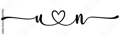 un, nu, letters with heart Monogram, monogram wedding logo. Love icon, couples Initials, lower case, connecting HEART, home decor,