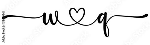 wq, qw, letters with heart Monogram, monogram wedding logo. Love icon, couples Initials, lower case, connecting HEART, home decor,