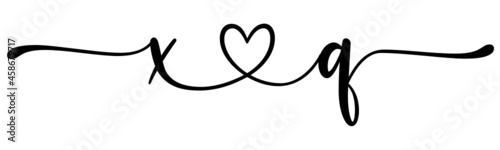 xq, qx, letters with heart Monogram, monogram wedding logo. Love icon, couples Initials, lower case, connecting HEART, home decor,