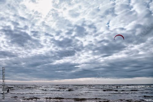 Atmospheric scenery Dramatic Baltic sea, waves and water splashes on breakwaters