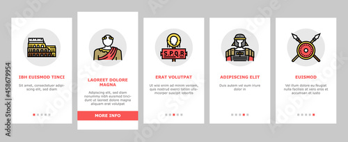 Ancient Rome Antique History Onboarding Mobile App Page Screen Vector. Ancient Rome Amphora Vase And Sword, Warrior Legionary Helmet And Costume, Aqueduct And Coliseum Arena Construction Illustrations