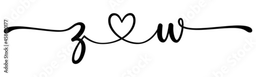 zw, wz, letters with heart Monogram, monogram wedding logo. Love icon, couples Initials, lower case, connecting HEART, home decor,