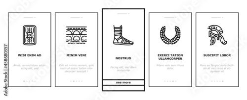 Ancient Rome Antique History Onboarding Mobile App Page Screen Vector. Ancient Rome Amphora Vase And Sword, Warrior Legionary Helmet And Costume, Aqueduct And Coliseum Arena Construction Illustrations
