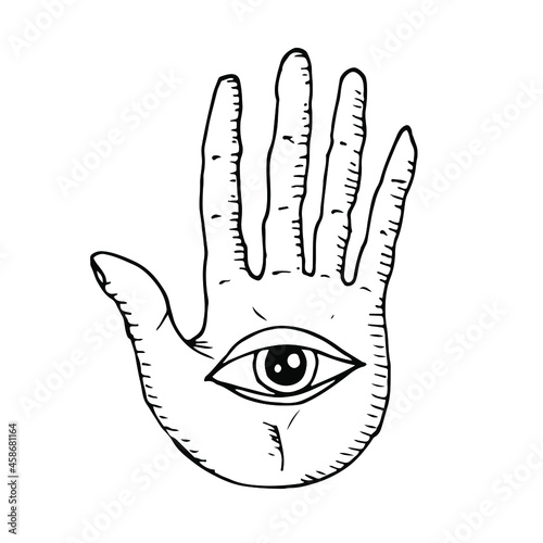 Hand and eye. Vector illustration. Occult and magic symbol. Isolated on white. Hand-drawn style.